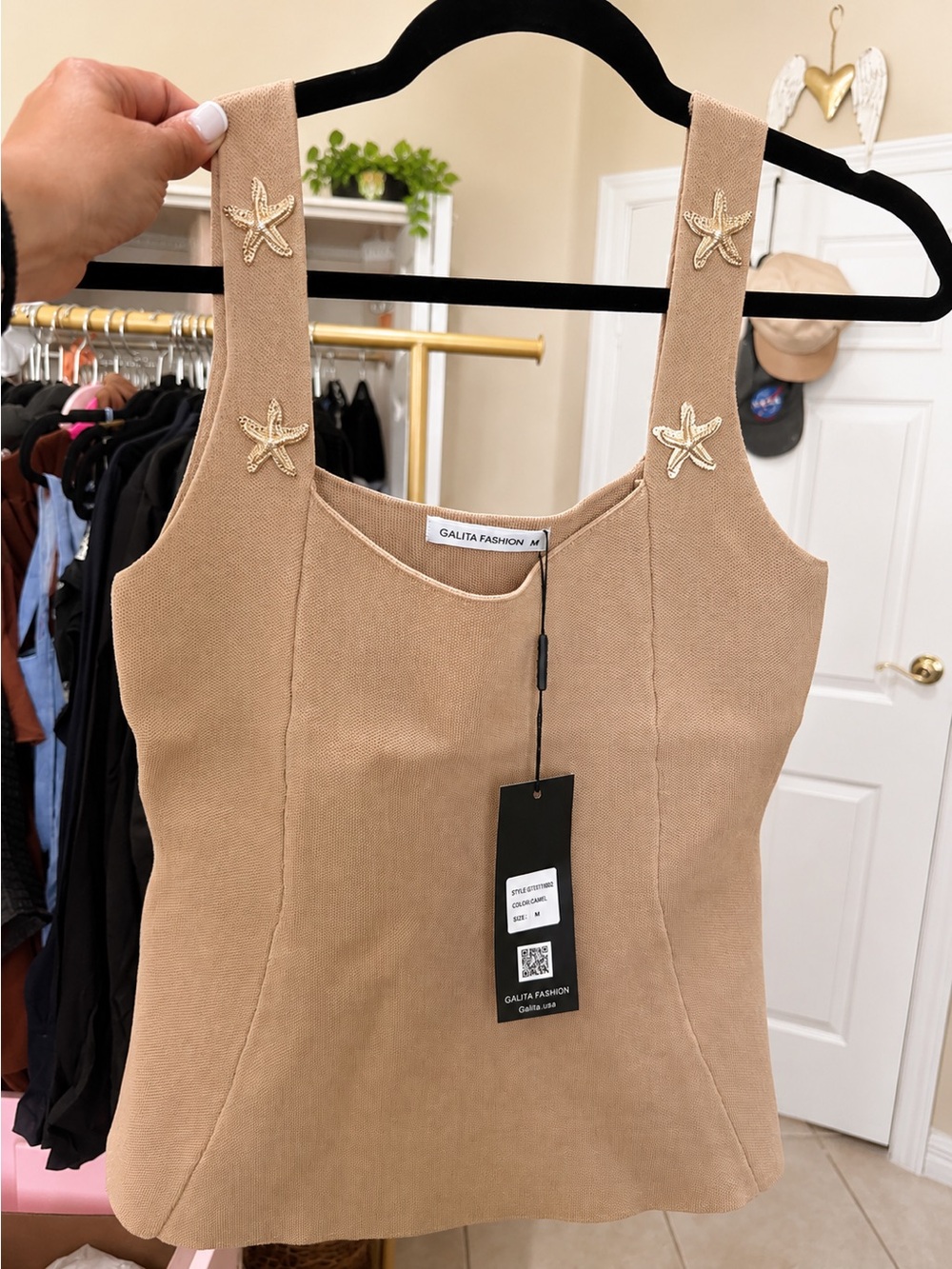 Tan Star-Accent Knit Tank Top